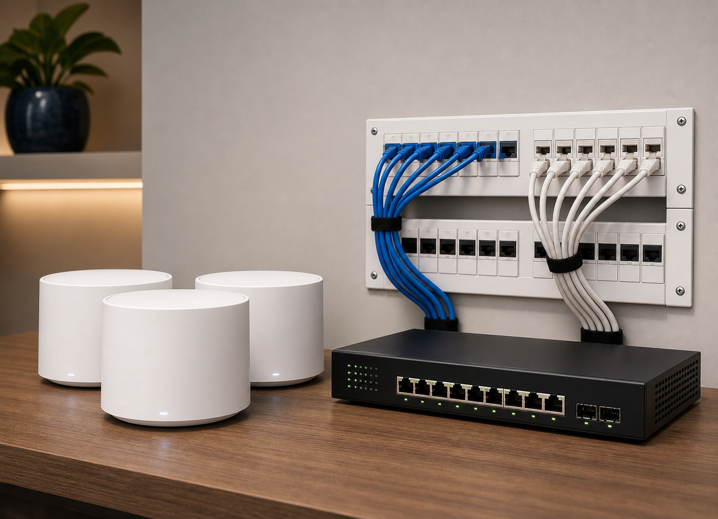 Networking equipment with mesh WiFi routers, switch, and structured wiring panel
