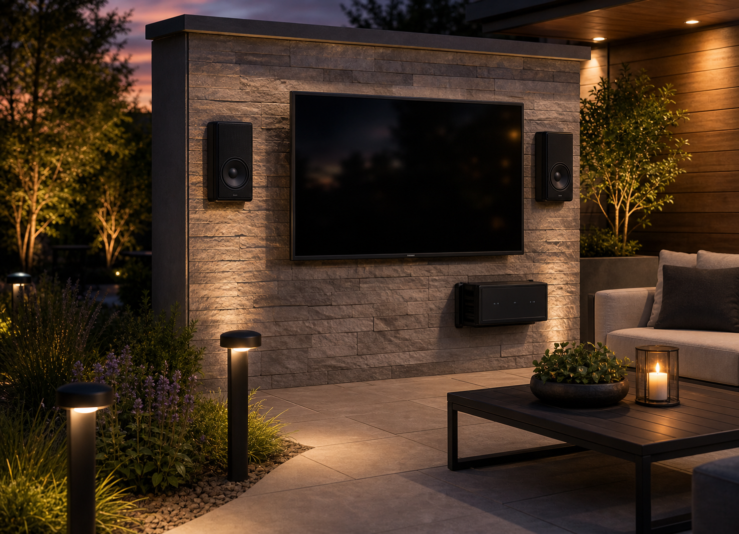 Outdoor TV, speakers, landscape lighting, and outdoor audio equipment
